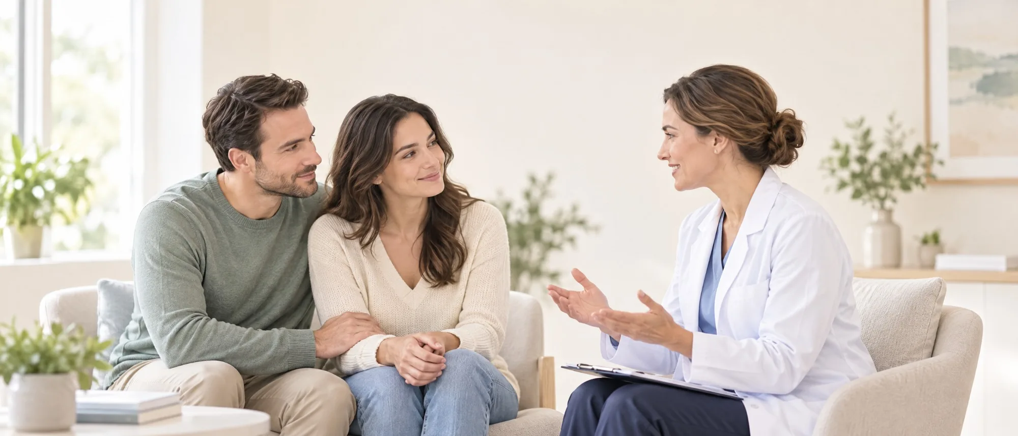 Una pareja conversa con una médica en un consultorio luminoso